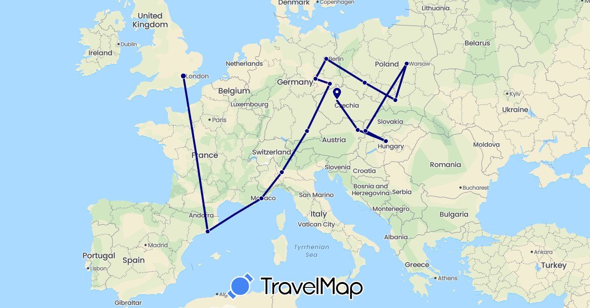 TravelMap itinerary: driving in Austria, Czech Republic, Germany, Spain, France, United Kingdom, Hungary, Italy, Poland, Slovakia (Europe)